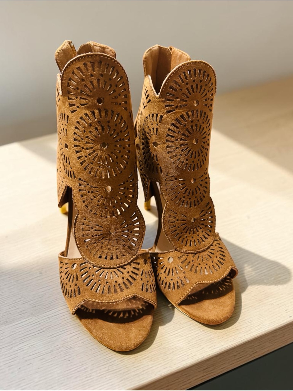 Missguided Tan Laser-Cut Peep-Toe Heels